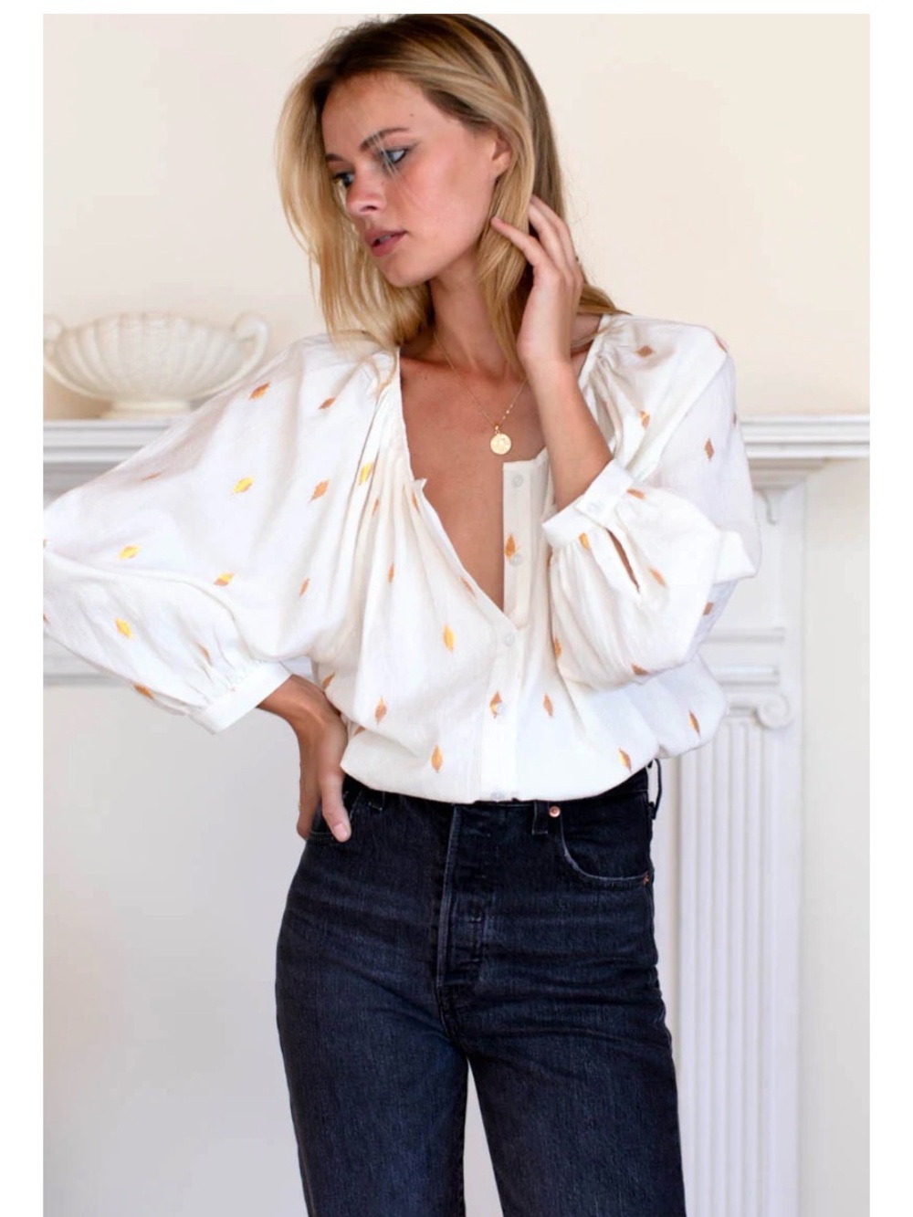 Emerson Fry Ivory Blouse with Gold Leaf Motif